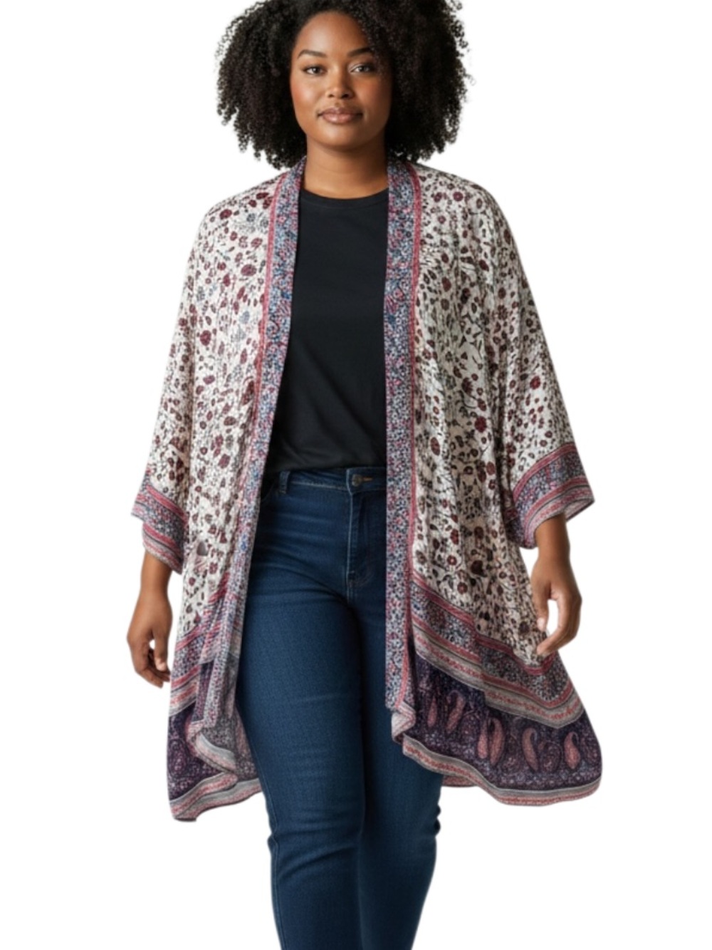 Knox Rose Cream & Pink Floral Open-Front Kimono